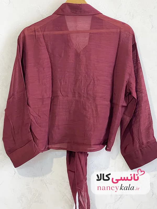 شومیز گره ای زنانه شیشه ای شرابی فری سایز 36 تا 46 — تصویر ۶