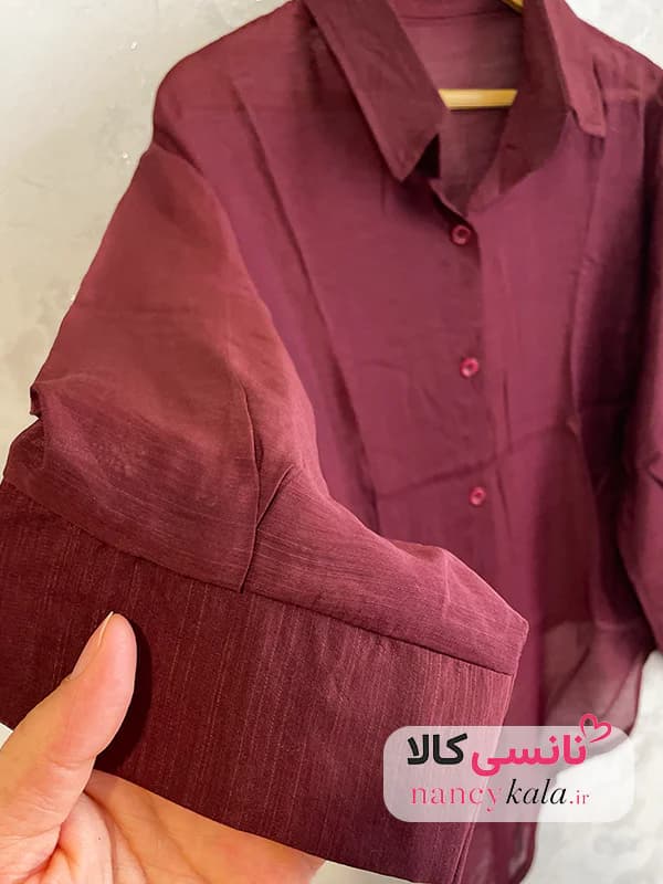 شومیز گره ای زنانه شیشه ای شرابی فری سایز 36 تا 46 — تصویر ۷