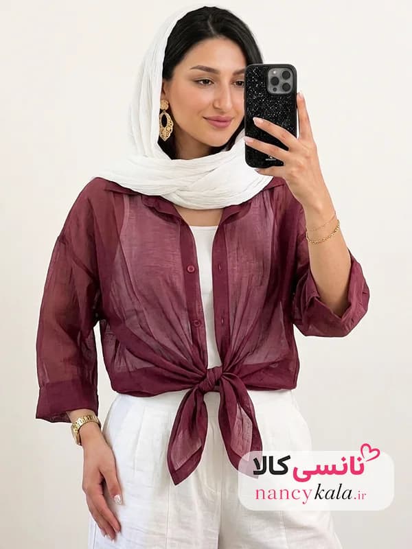 شومیز گره ای زنانه شیشه ای شرابی فری سایز 36 تا 46
