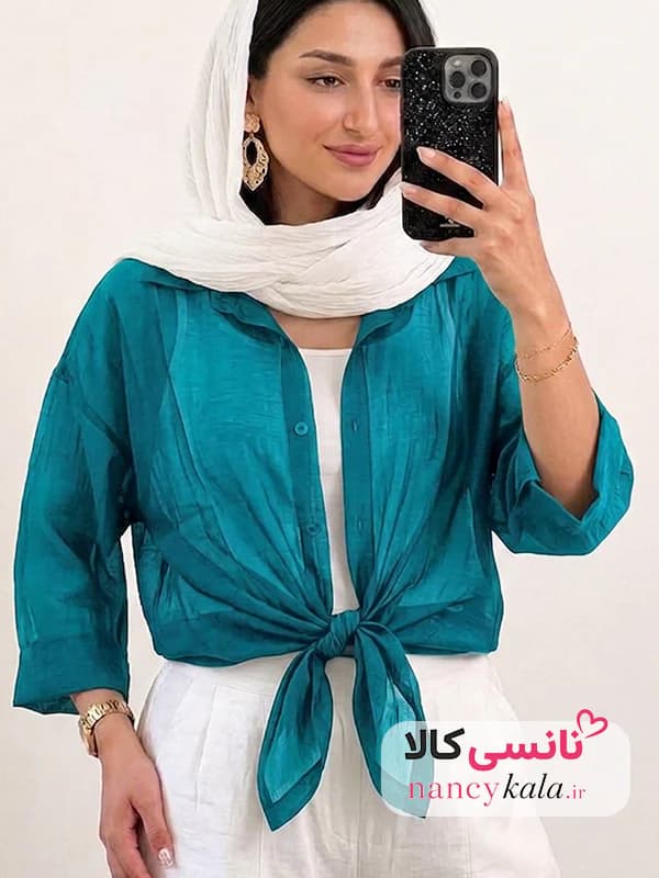 شومیز گره ای زنانه شیشه ای سبز فیروزه ای فری سایز 36 تا 46