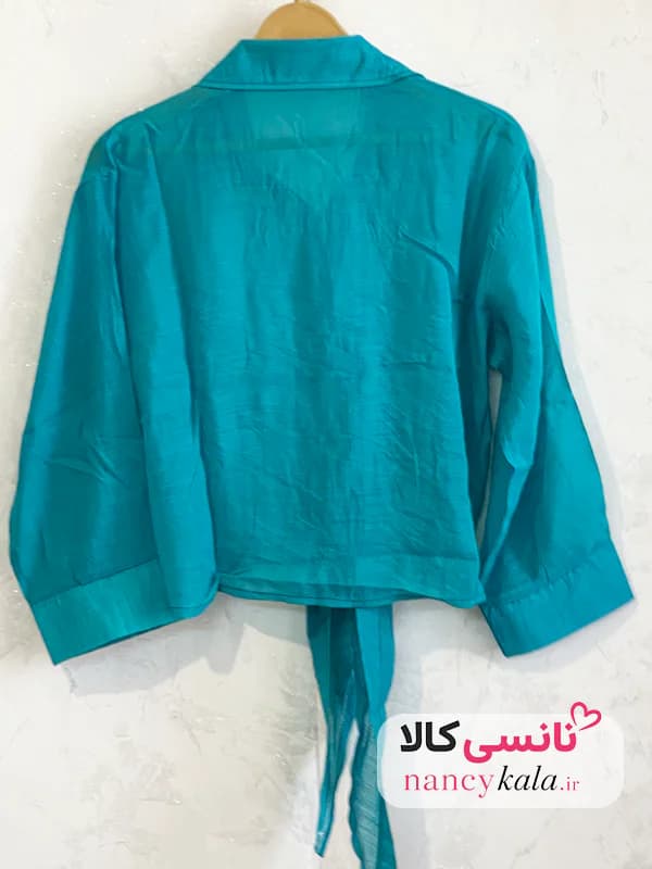 شومیز گره ای زنانه شیشه ای سبز فیروزه ای فری سایز 36 تا 46 — تصویر ۳