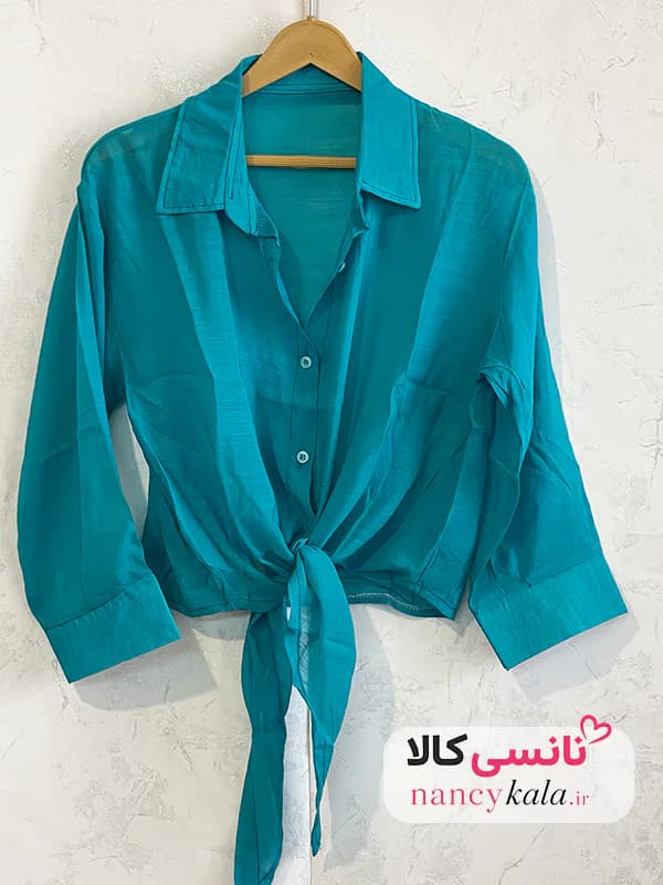 شومیز گره ای زنانه شیشه ای سبز فیروزه ای فری سایز 36 تا 46 — تصویر ۴