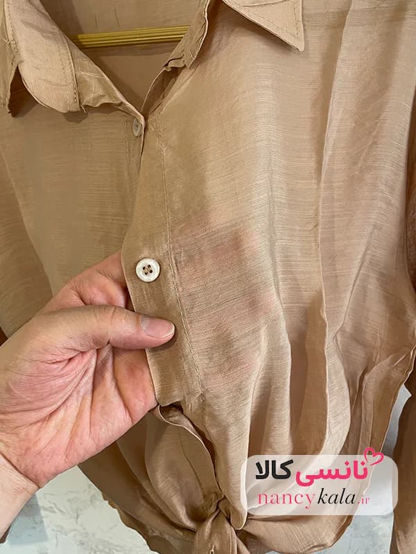 شومیز گره ای زنانه شیشه ای قهوه ای فری سایز 36 تا 46 — تصویر ۲