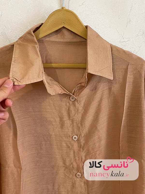 شومیز گره ای زنانه شیشه ای قهوه ای فری سایز 36 تا 46 — تصویر ۵