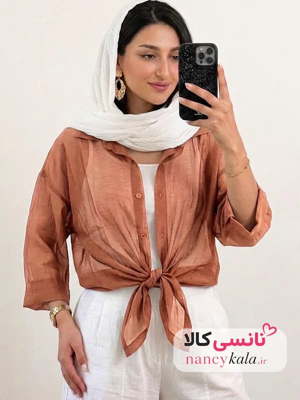 شومیز گره ای زنانه شیشه ای قهوه ای فری سایز 36 تا 46