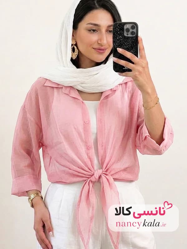 شومیز گره ای زنانه شیشه ای گُل بهی فری سایز 36 تا 46 — تصویر ۲
