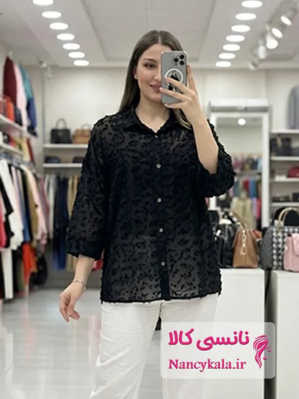 شومیز زنانه مشکی شیشه ای باکسی حریر
