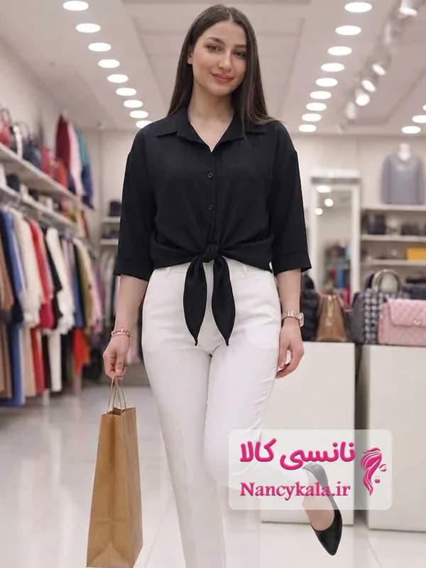 شومیز زنانه مشکی گره ای حریر بدون آبرفت فری سایز 36 تا 48