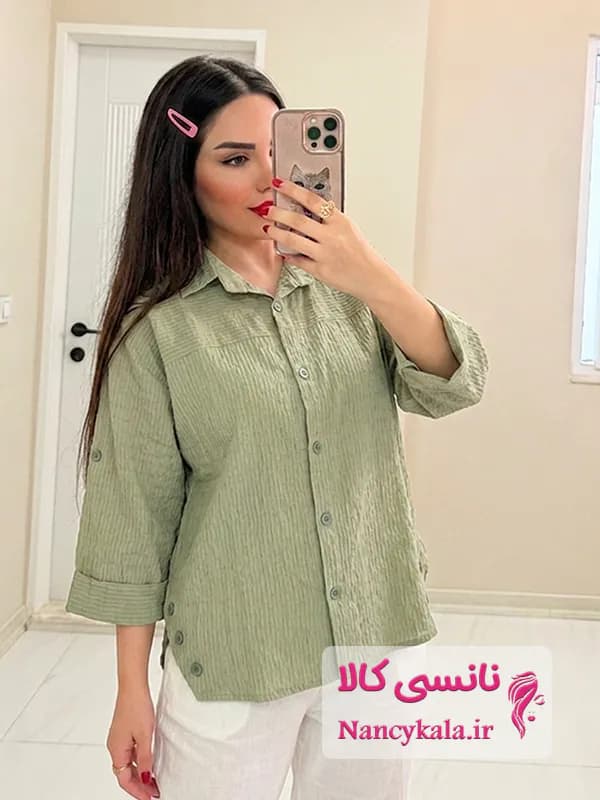 شومیز زنانه سبز سدری بغل دکمه سایز 36 تا 48
