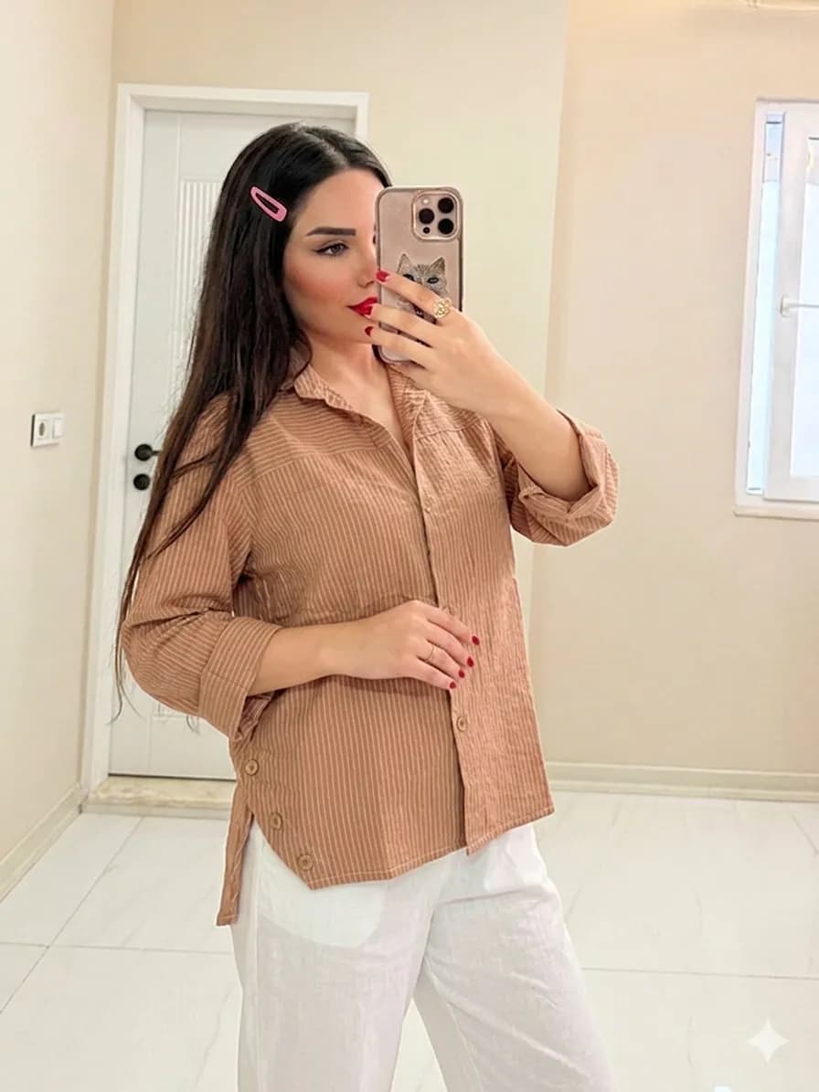 شومیز زنانه بغل دکمه رنگ بیسکوئیتی تن خور عالی فری سایز 36 تا 46
