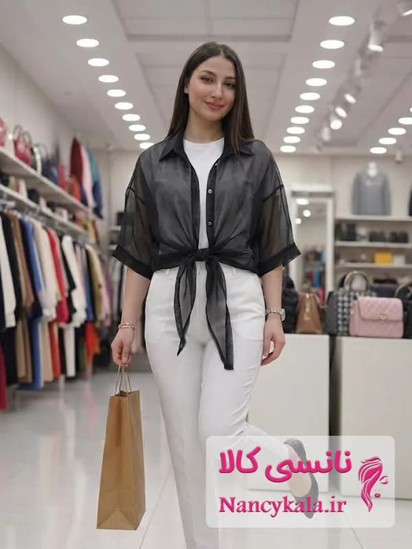 شومیز زنانه شیشه ای مشکی جلو گره ای
