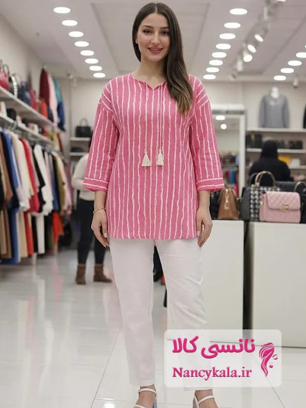 شومیز مانتویی زنانه صورتی جنس بوگاتی فری سایز ۳۸ تا ۵۰