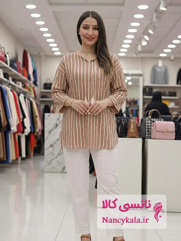 شومیز مانتویی زنانه نسکافه ای جنس بوگاتی