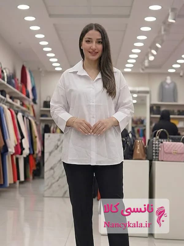 شومیز زنانه سفید دکمه دار نخی و خنک بدون آبرفت سایز 38 تا 48