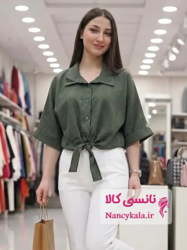 شومیز زنانه جلوگره ای خاکی زیتونی سبک و خوش دوخت سایز 36 تا 48