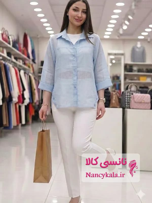 شومیز زنانه شیشه ای خنک و تابستانی بغل دکمه آبی فری سایز 36 تا 46