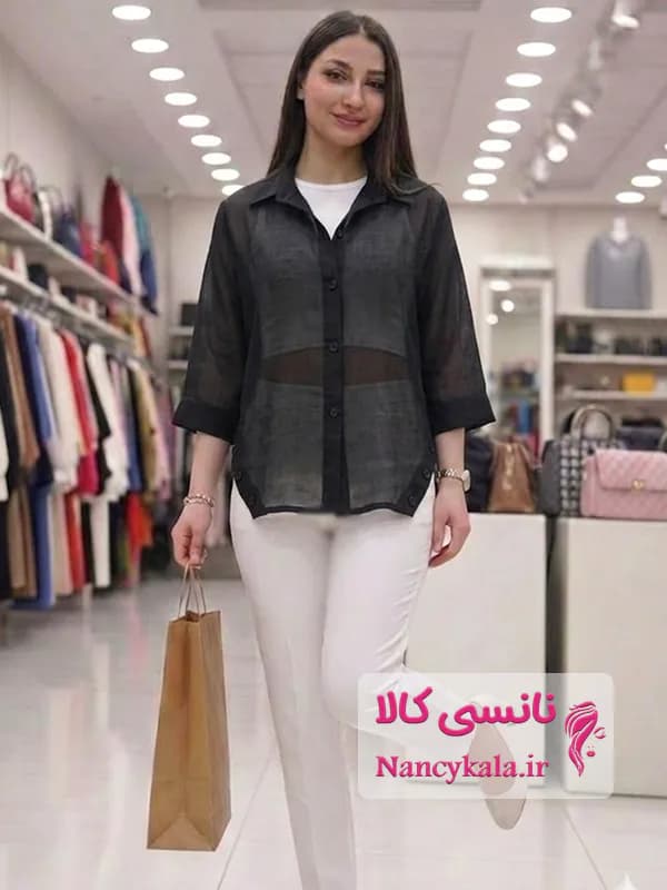 شومیز زنانه شیشه ای بغل دکمه مشکی فری سایز 36 تا 48