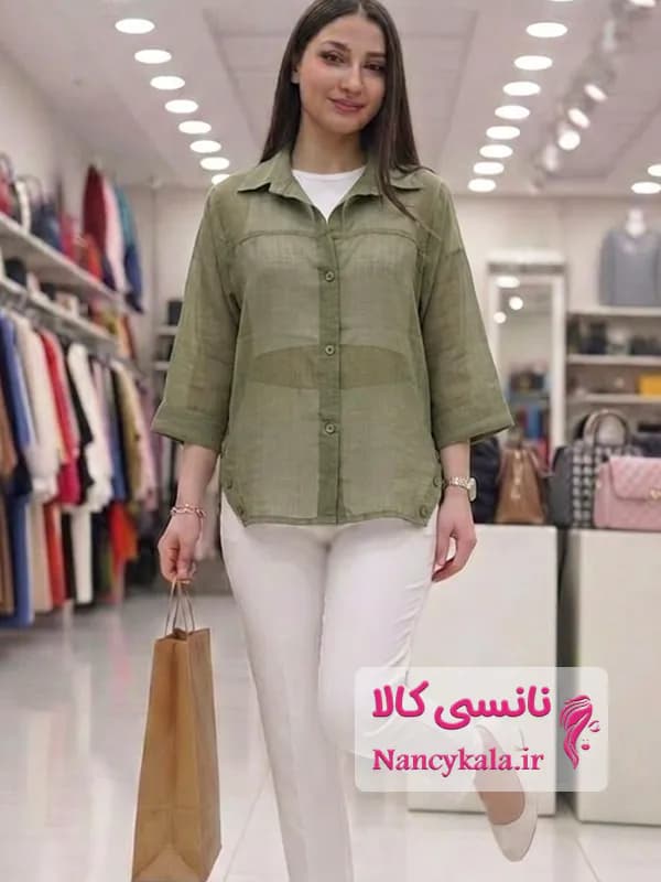 شومیز زنانه شیشه ای خنک و تنفس پذیر سبز زیتونی فری سایز 36 تا 46