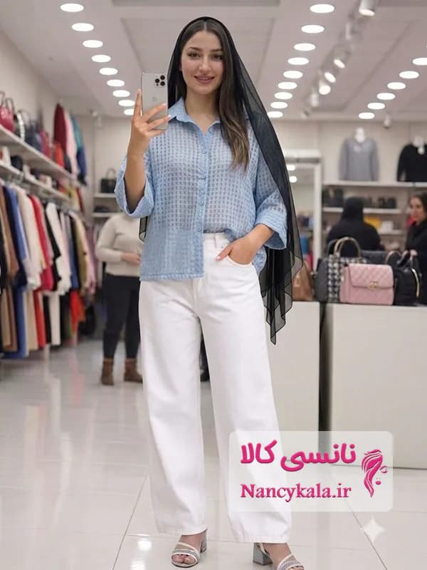 شومیز زنانه شیشه ای باکسی آبی فری سایز 36 تا 48