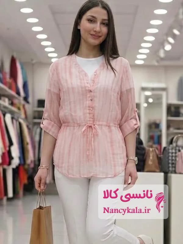 شومیز زنانه شیشه ای جلو نیم دکمه صورتی فری سایز 36 تا 42