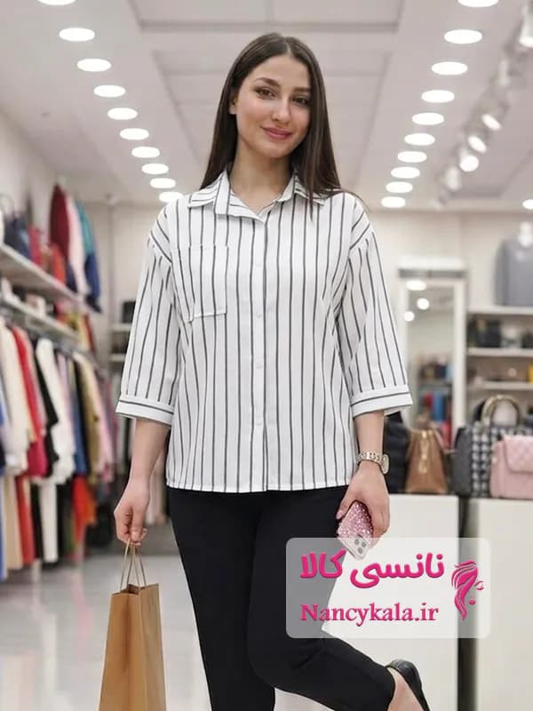 شومیز زنانه باکسی راه راه درشت نخی و خنک رنگ 1 فری سایز 36 تا 48 — تصویر ۲