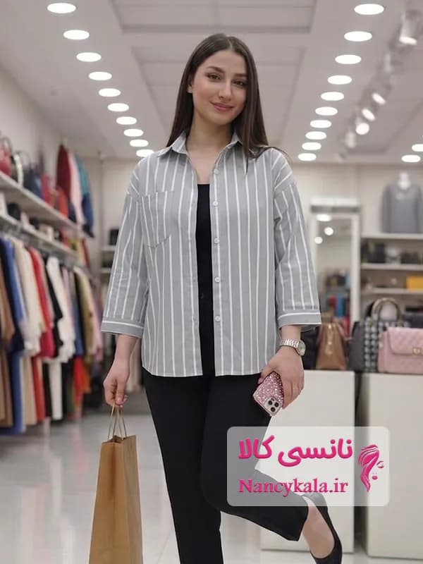 شومیز زنانه باکسی راه راه درشت جیب دار رنگ 3 فری سایز 36 تا 48