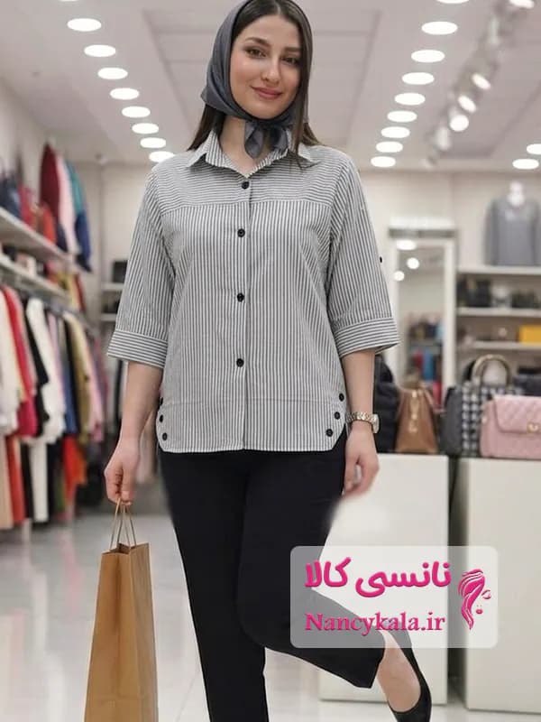 شومیز زنانه راه راه بغل دکمه فری سایز 36 تا 50