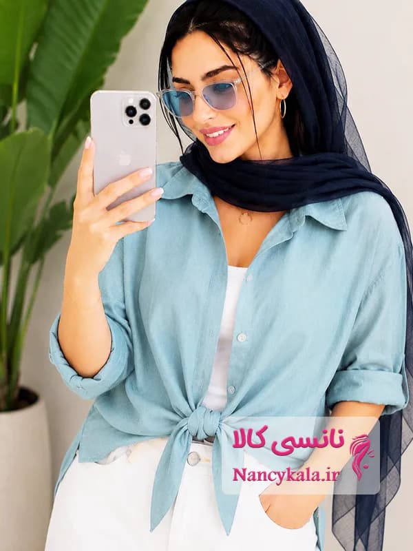 شومیز زنانه آیوا گره ای رنگ آبی کمرنگ فری سایز ۳۶ تا ۵۰