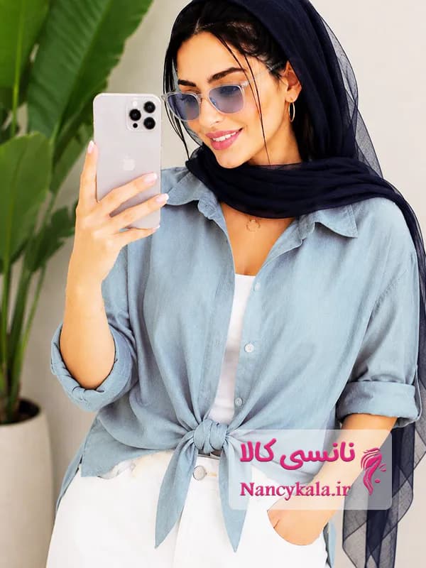 شومیز زنانه آیوا گره ای رنگ آبی مه آلود فری سایز ۳۶ تا ۵۰