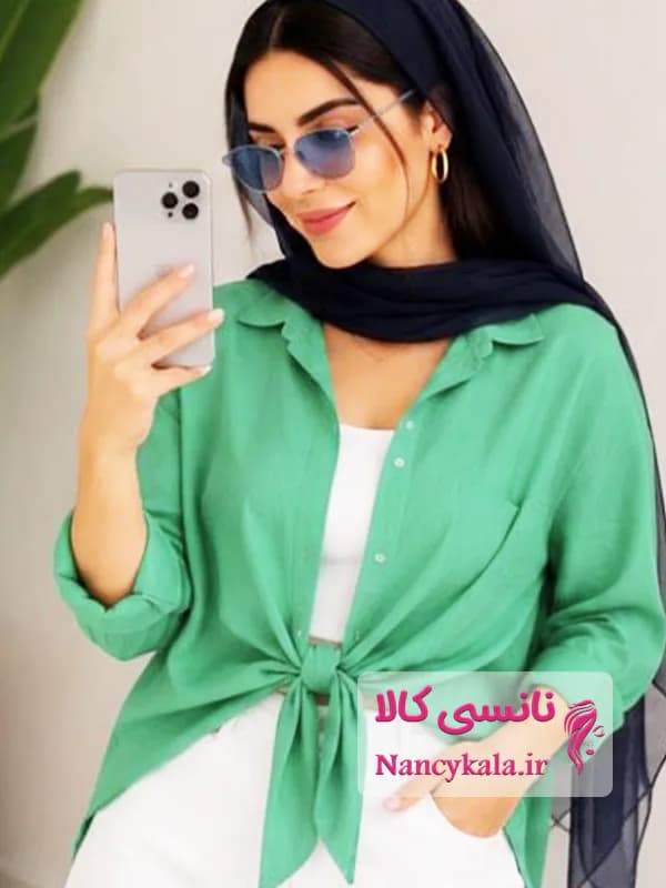 شومیز زنانه آیوا گره ای رنگ سبز لیزری فری سایز ۳۶ تا ۵۰