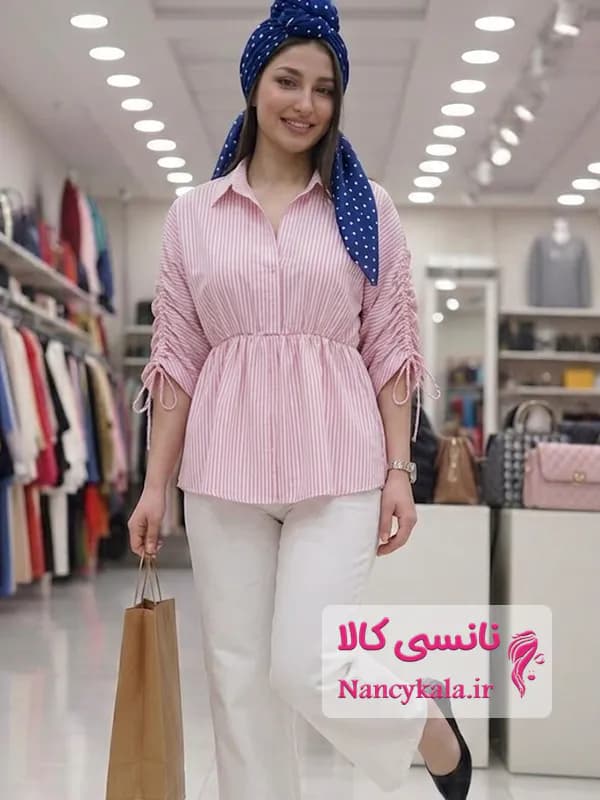 شومیز زنانه راه راه صورتی لینن کمر کش فری سایز 36 تا 46