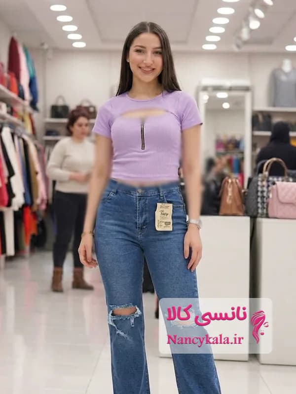 کراپ زنانه نیم زیپ آستین کوتاه یاسی فری سایز 36 تا 44