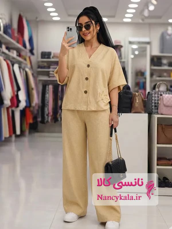 ست شومیز و شلوار زنانه لینن رنگ کرم خاکی فری سایز 36 تا 46