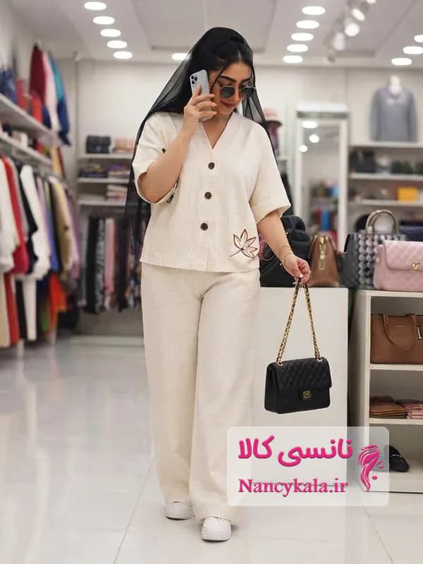 ست شومیز و شلوار زنانه لینن رنگ سفید شیری فری سایز 36 تا 46