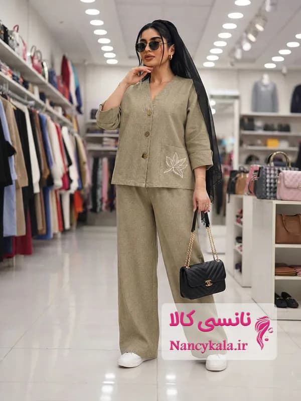ست شومیز و شلوار زنانه لینن رنگ خاکی زیتونی فری سایز 36 تا 46