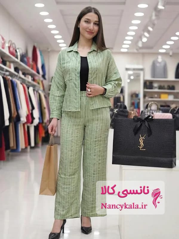 ست شومیز و شلوار زنانه تابستانه کوک دوزی سبز صدری فری سایز 40 تا 46