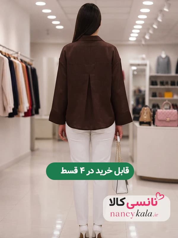 شومیز زنانه شیشه ای ملایم آستین بلند رنگ قهوه ای فری سایز 36 تا 48 — تصویر ۲