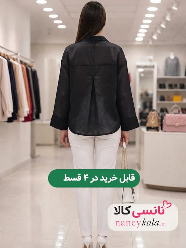 شومیز زنانه شیشه ای ملایم آستین بلند رنگ مشکی فری سایز 36 تا 48 — تصویر ۲