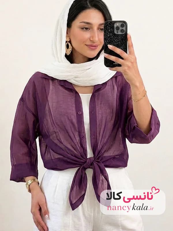 شومیز گره ای زنانه شیشه ای بنفش فری سایز 36 تا 46