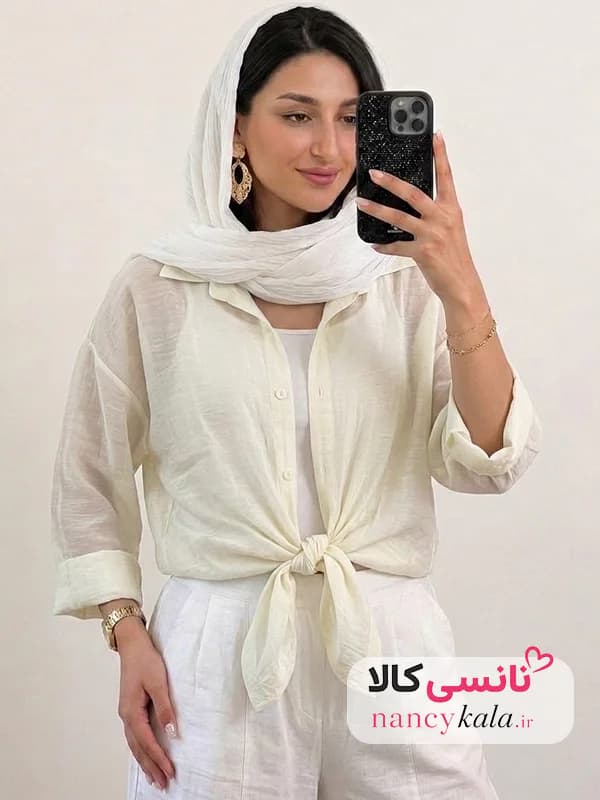 شومیز گره ای زنانه شیشه ای شیری فری سایز 36 تا 46 — تصویر ۲