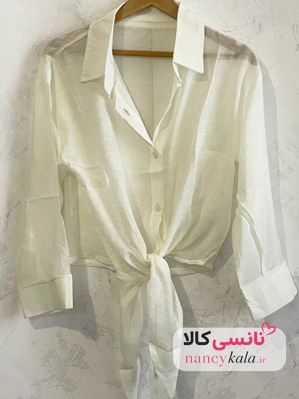 شومیز گره ای زنانه شیشه ای شیری فری سایز 36 تا 46 — تصویر ۵