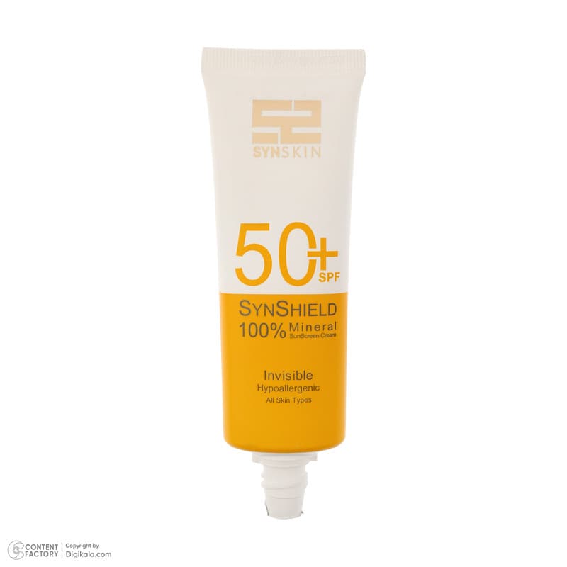 کرم ضد آفتاب بدون رنگ ساین اسکین SPF 50 مدل SYN Shield Mineral ‌محافظ UVA ،UVB، ضد حساسیت، مناسب انواع پوست‌ حجم 50 میلی‌لیتر — تصویر ۵