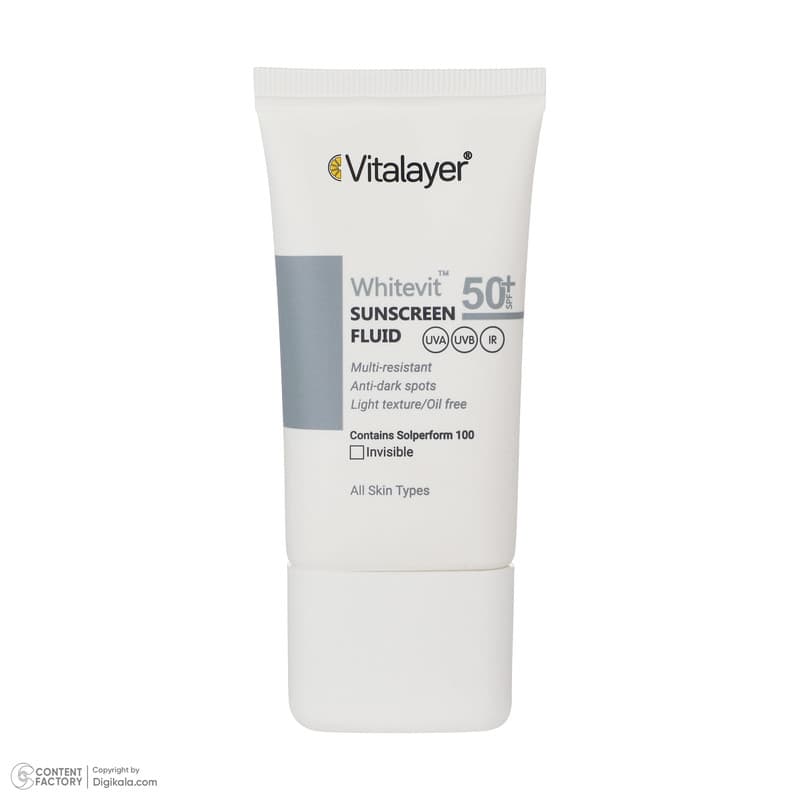 فلوئید ضدآفتاب بیرنگ ویتالیر SPF50 مدل Whitevit مناسب انواع پوست، حجم 50 میلیلیتر — تصویر ۹