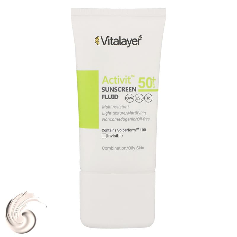 فلوئید ضدآفتاب بی‌رنگ ویتالیر SPF50 مدل Activit، مناسب پوست‌های مختلط و چرب، حجم 50 میلی‌لیتر