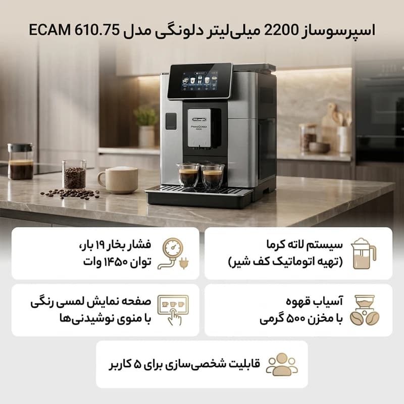 اسپرسو ساز تمام اتوماتیک دلونگی مدل ECAM 610.75 — تصویر ۵