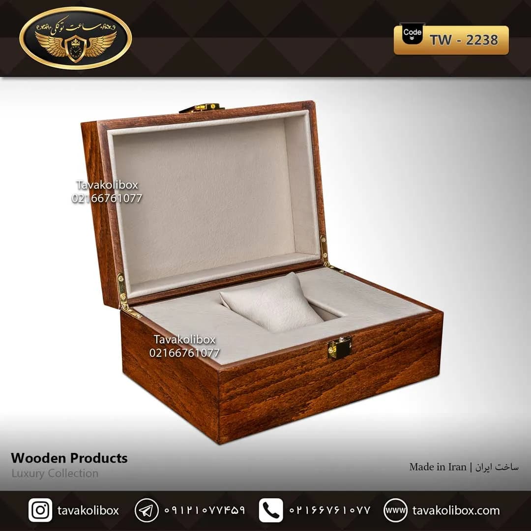 جعبه ساعت 1 خونه لوکس درب دار بالشتک معمولی چوب طبیعی رنگ قهوه ای مدل : TW-2238 — تصویر ۴