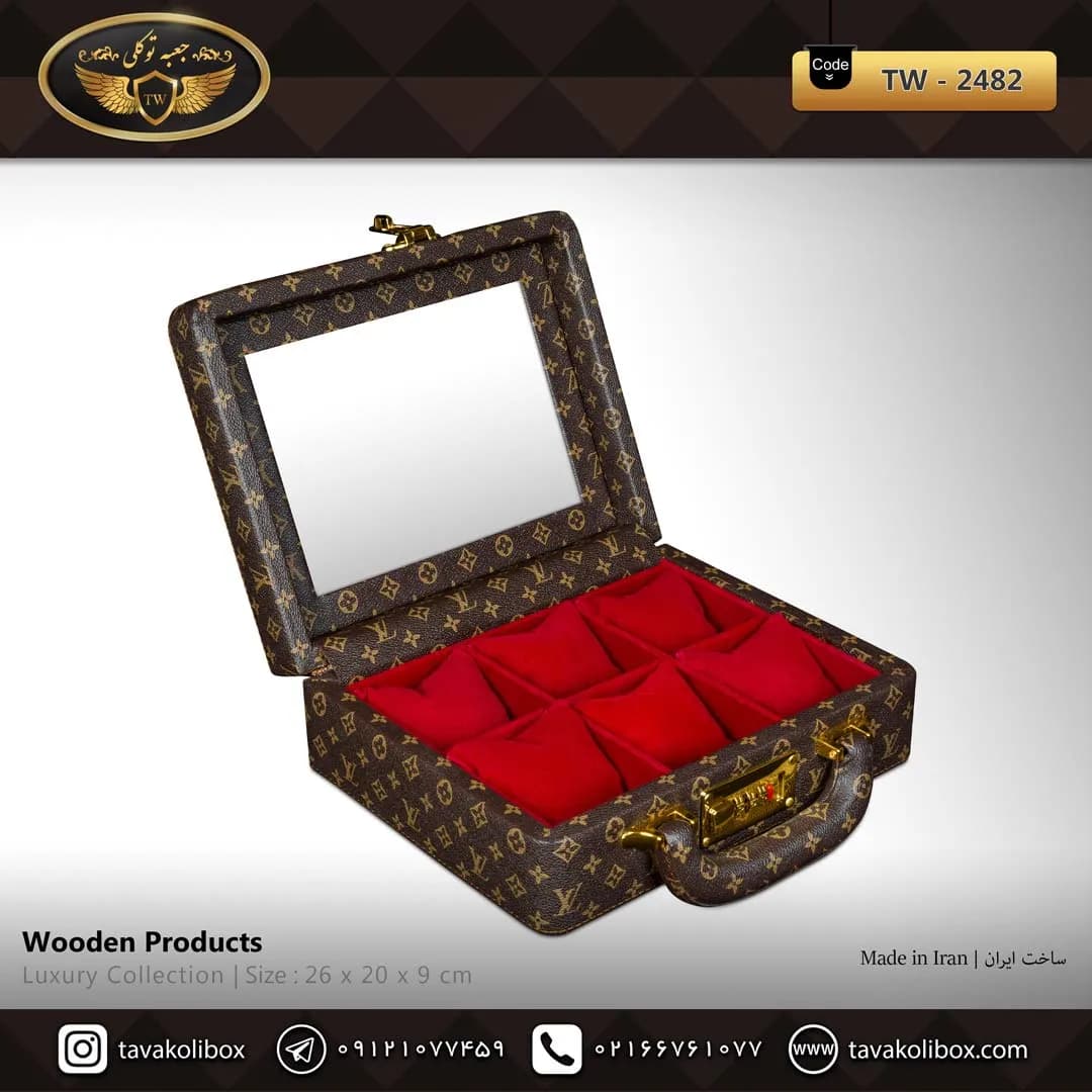 جعبه ساعت 6 خونه سوپرلاکچری درب دار بالشتک معمولی چرم رنگ قهوه ای-قرمز مدل : TW-2482 — تصویر ۲