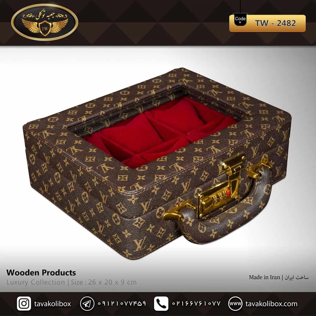 جعبه ساعت 6 خونه سوپرلاکچری درب دار بالشتک معمولی چرم رنگ قهوه ای-قرمز مدل : TW-2482