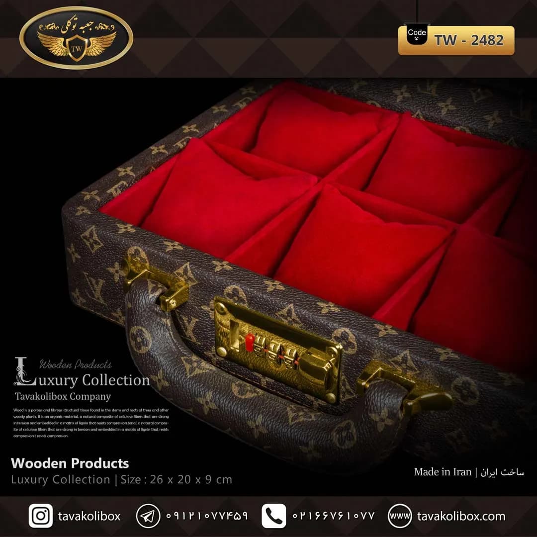 جعبه ساعت 6 خونه سوپرلاکچری درب دار بالشتک معمولی چرم رنگ قهوه ای-قرمز مدل : TW-2482 — تصویر ۳