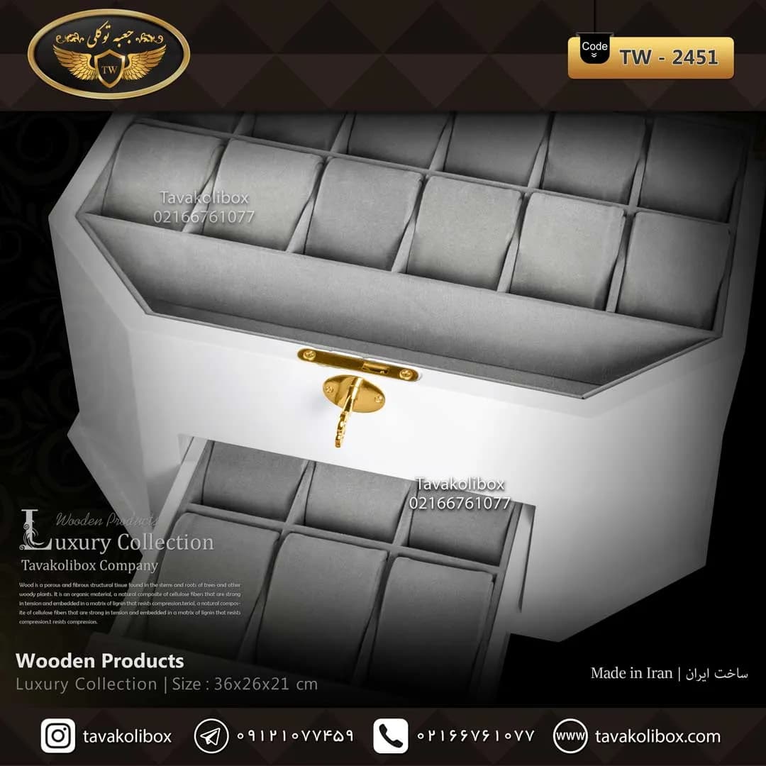 جعبه ساعت 18 خونه لوکس 6 ضلعی کشودار بالشتک لوکس رنگ سفید مدل : TW-2451 — تصویر ۳